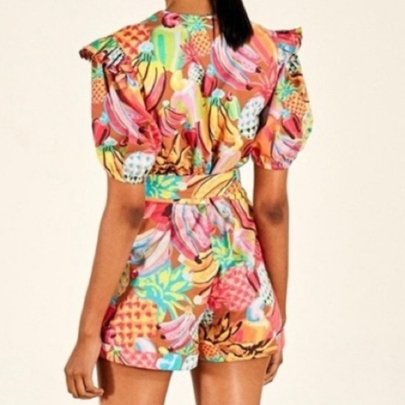 FARM RIO Fruit Salad Playsuit Romper Deep V Ombré Ladder lace Pockets SZ: Small - Picture 14 of 14